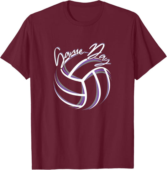 Purple & White Volleyball Season Game Day Volleyball Graphic T-Shirt - T-Shirt | Maroon