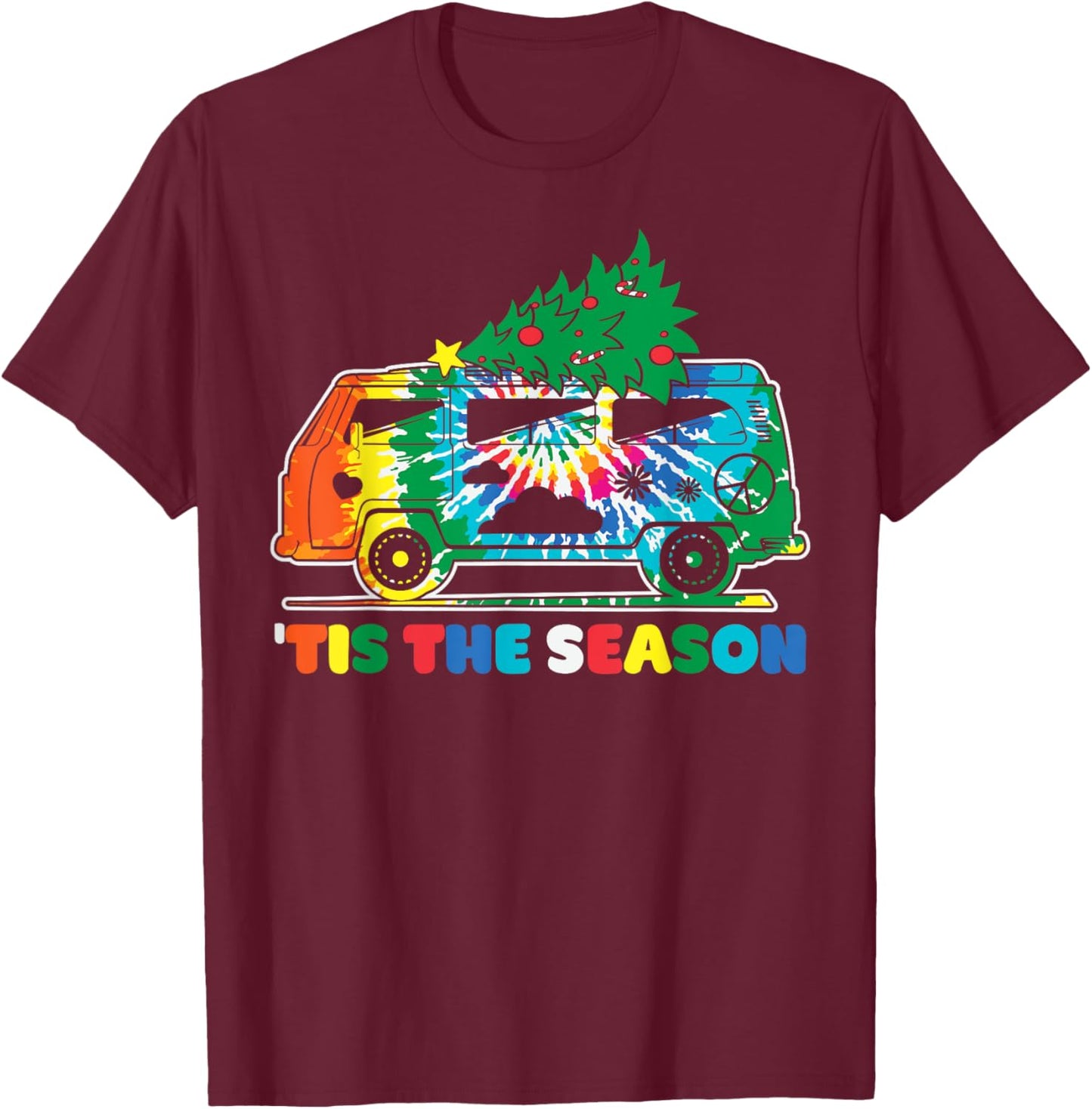 Groovy PEACE LOVE XMAS Hippie Santa Claus Funny Christmas T-Shirt - T-Shirt | Maroon