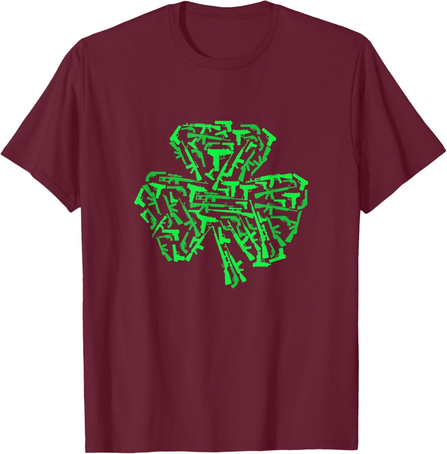Rifle Weapon Gun Shamrock Funny St Patricks Day 2024 Hunting T-Shirt - T-Shirt | Maroon