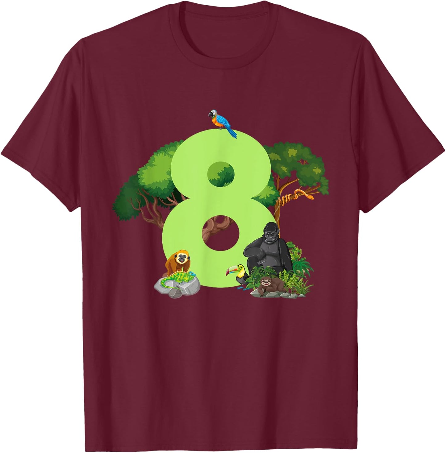 8th Birthday Jungle Animals Safari Rainforest 8 Year Old T-Shirt - T-Shirt | Maroon
