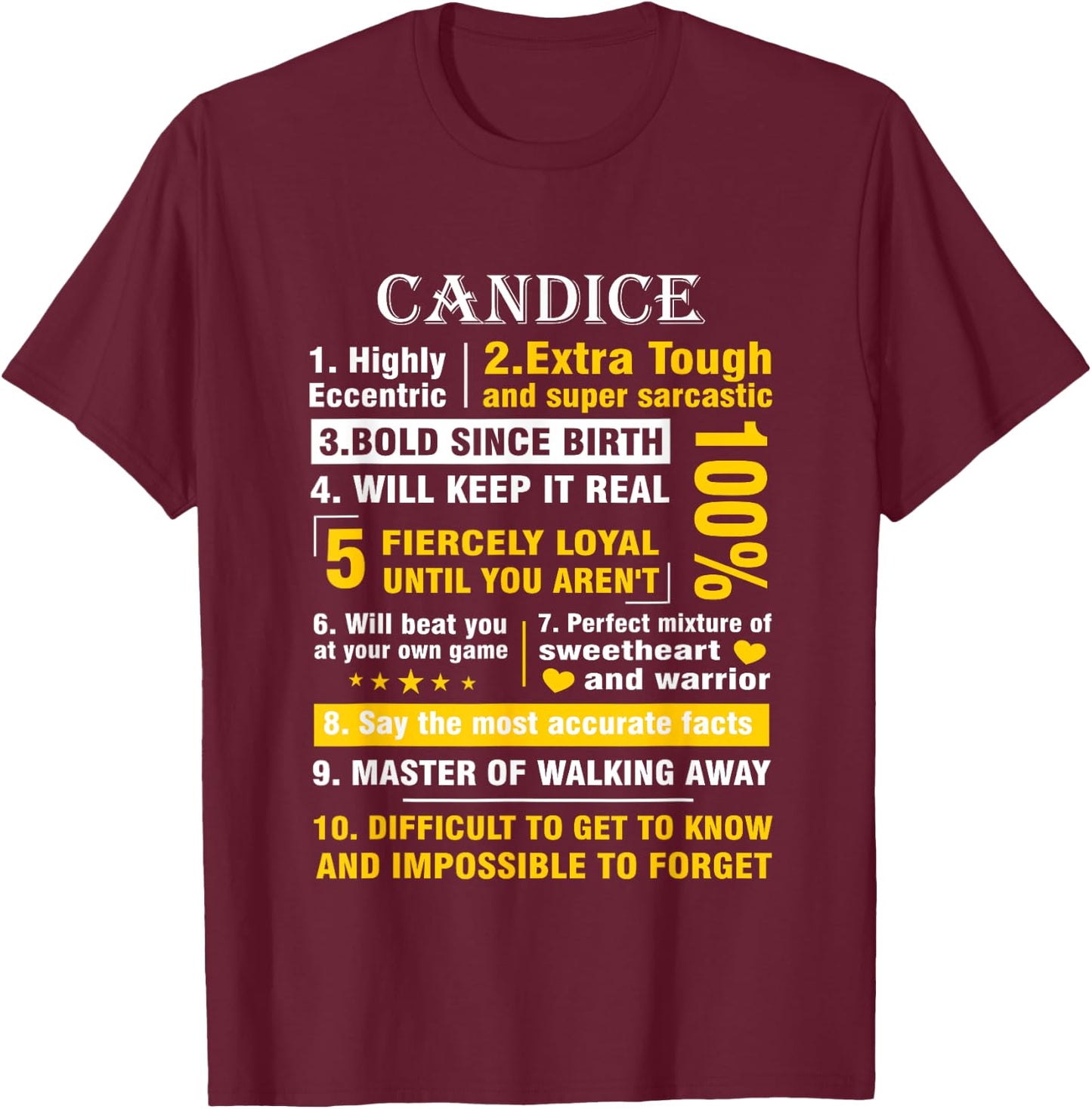 CANDICE Highly Eccentric 10 Facts Shirt First Name shirt T-Shirt - T-Shirt | Maroon