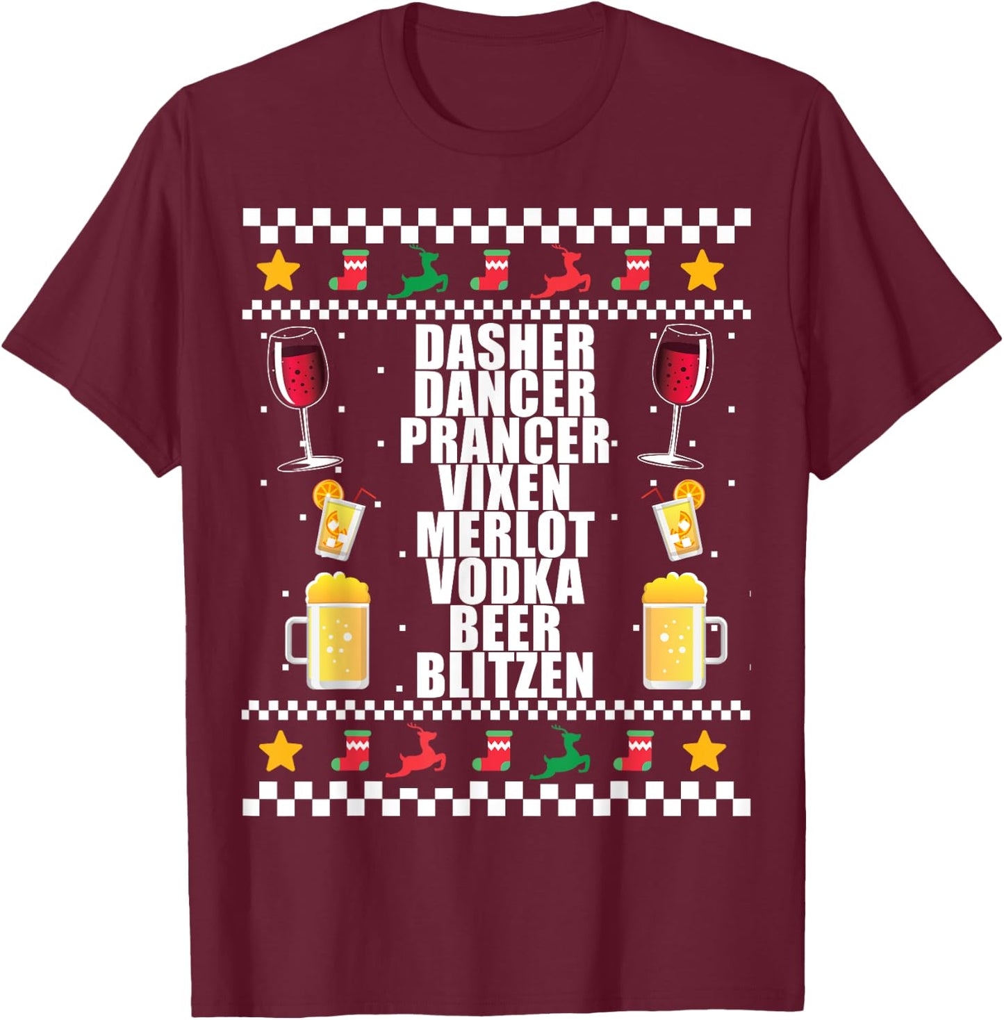 DASHER VODKA BLITZEN Alcohol Reindeer Ugly Christmas Sweater T-Shirt - T-Shirt | Maroon