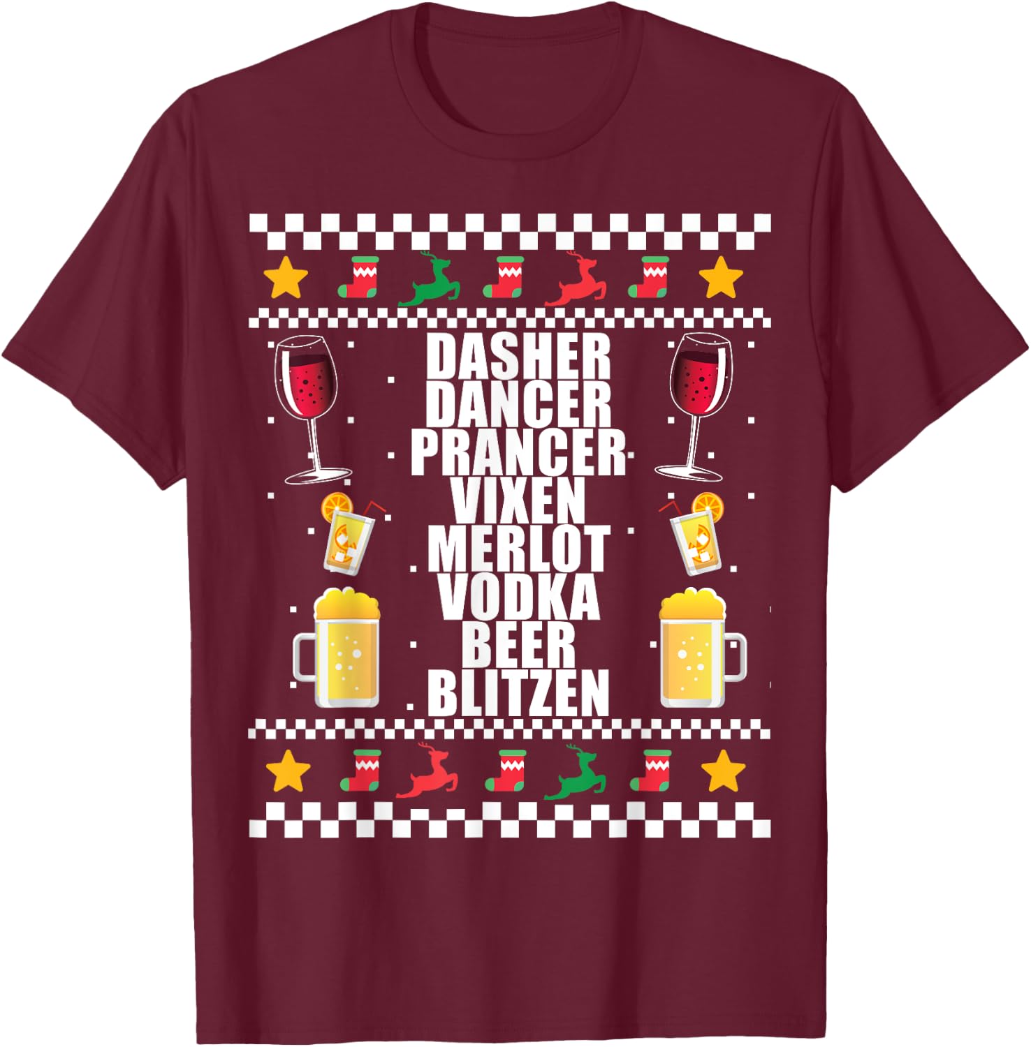 DASHER VODKA BLITZEN Alcohol Reindeer Ugly Christmas Sweater T-Shirt - T-Shirt | Maroon