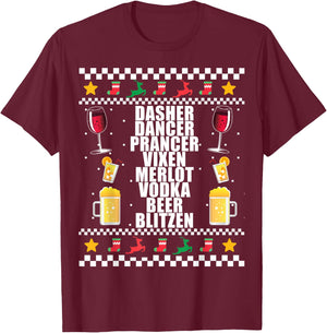 DASHER VODKA BLITZEN Alcohol Reindeer Ugly Christmas Sweater T-Shirt - T-Shirt | Maroon