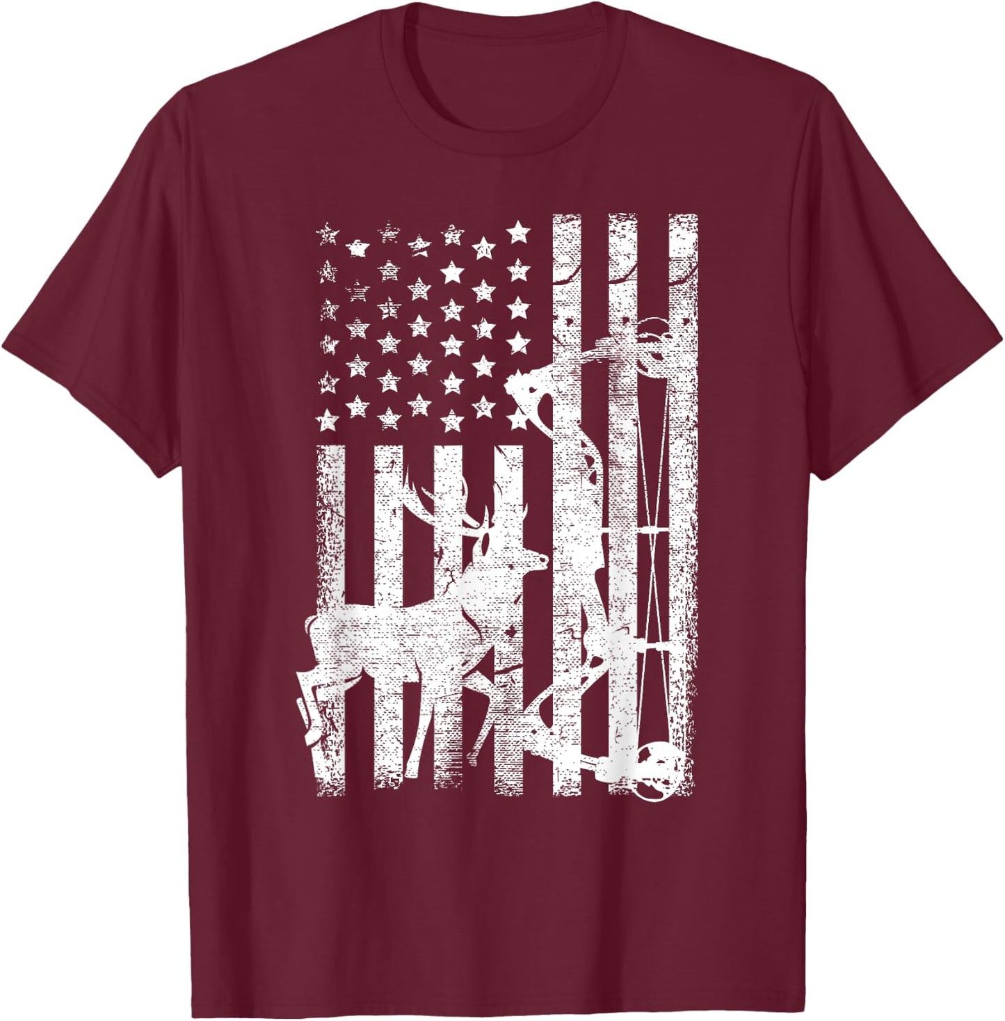 Vintage American Flag Elk Hunting Funny USA Bow Hunters Gift Men T-Shirt - T-Shirt | Maroon