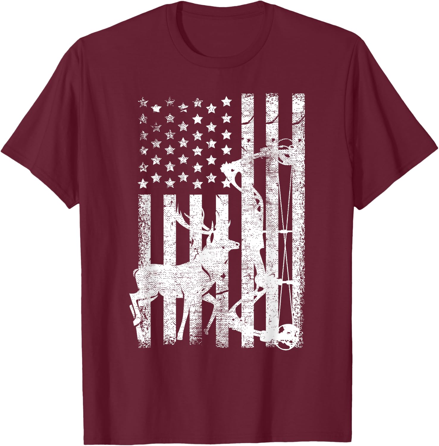 Vintage American Flag Elk Hunting Funny USA Bow Hunters Gift Men T-Shirt - T-Shirt | Maroon