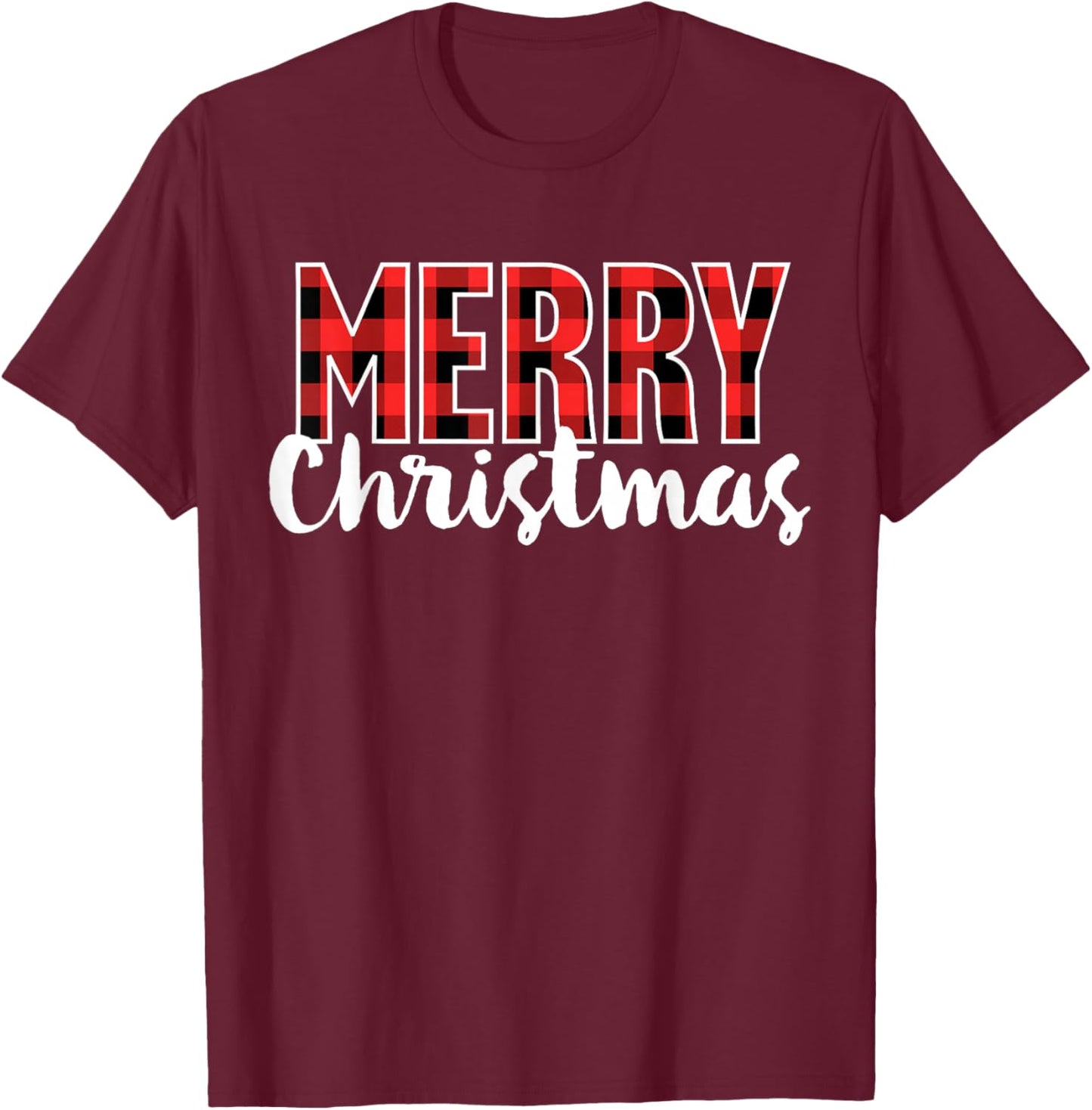 Merry Christmas Shirt Women Men Kids Red Buffalo Plaid Xmas T-Shirt - T-Shirt | Maroon