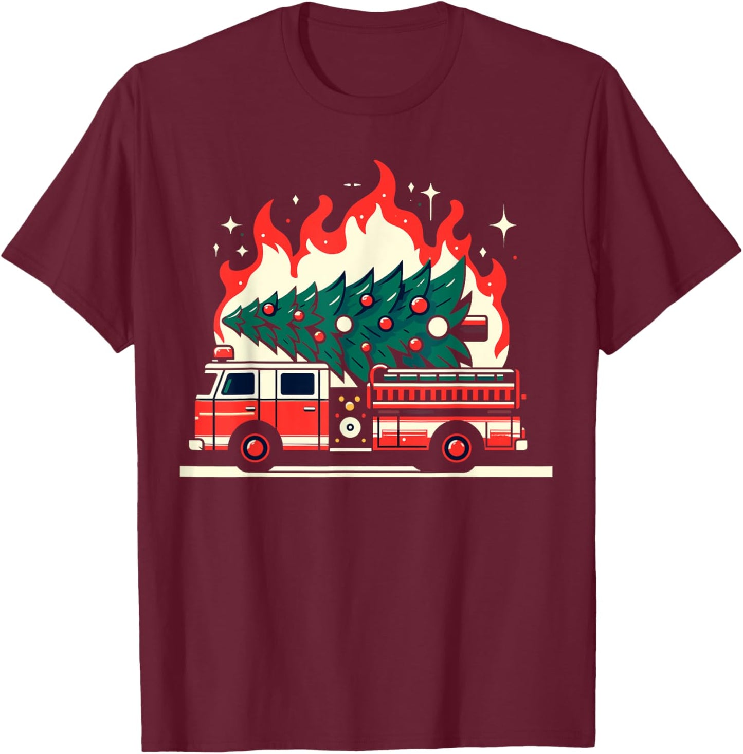 Firetruck Fireman Christmas Tree Firefighter Fire Truck T-Shirt - T-Shirt | Maroon
