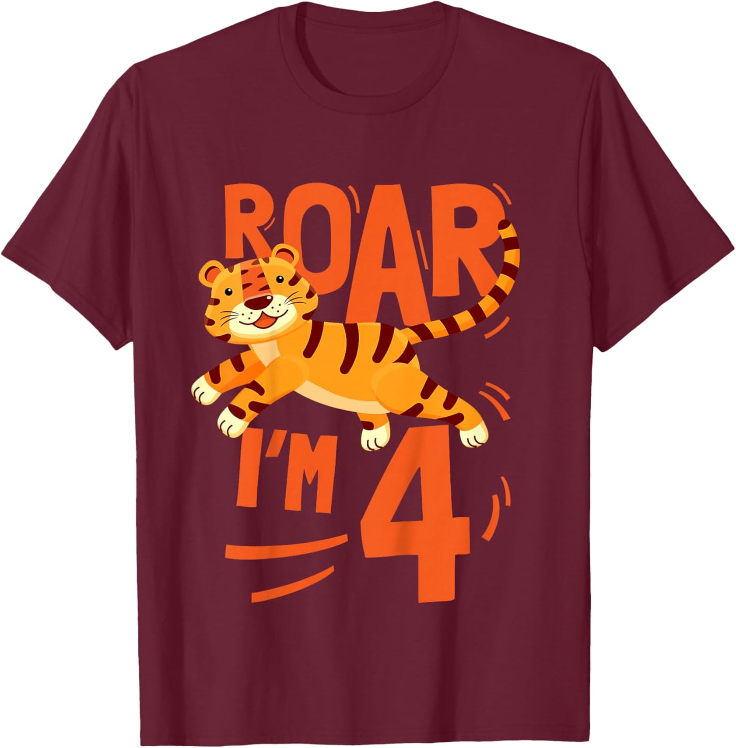 Kids Tiger 4th Birthday Jungle Party Tiger Age 4 Wild Animal T-Shirt - T-Shirt | Maroon