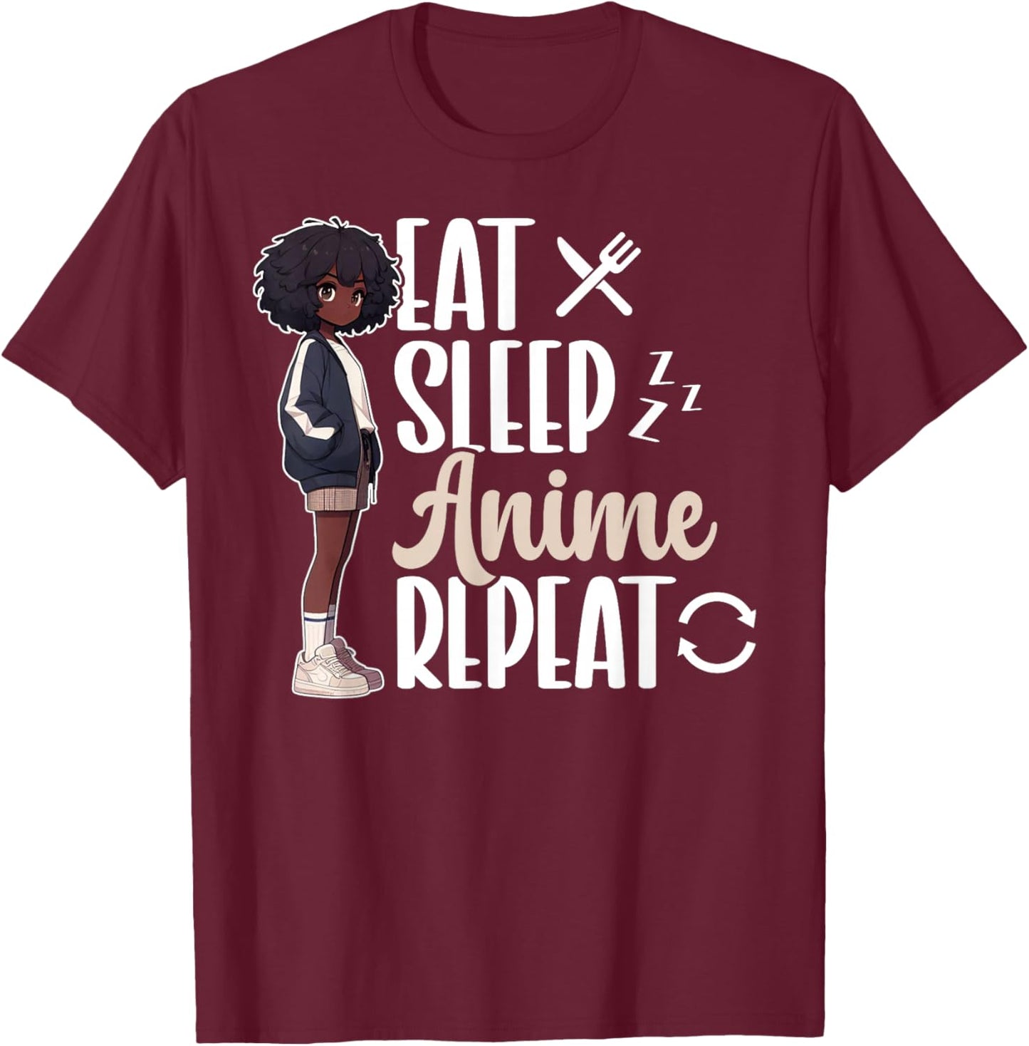 Eat Sleep Anime Repeat African American Afro Anime Merch T-Shirt - T-Shirt | Maroon