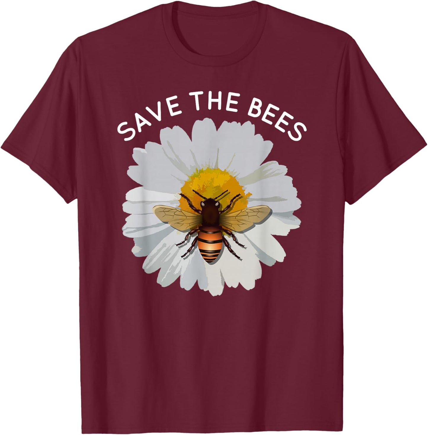Save The Bees Daisy & Bee White and Yellow Blossom Flower T-Shirt - T-Shirt | Maroon