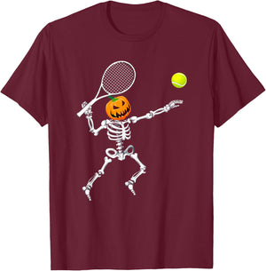 Skeleton Tennis Halloween Pumpkin T-Shirt - T-Shirt | Maroon