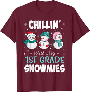 Chillin' With My 1st Grade Snowmies Teacher Christmas Men Women Kids T-Shirt - T-Shirt | Maroon