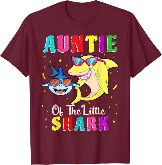 Auntie Of The Little Shark Aunt Nephew Shark Birthday Party T-Shirt - T-Shirt | Maroon