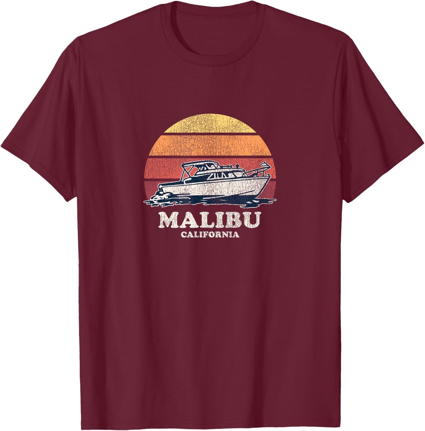 Malibu CA Vintage Boating 70s Retro Boat Design T-Shirt - T-Shirt | Maroon
