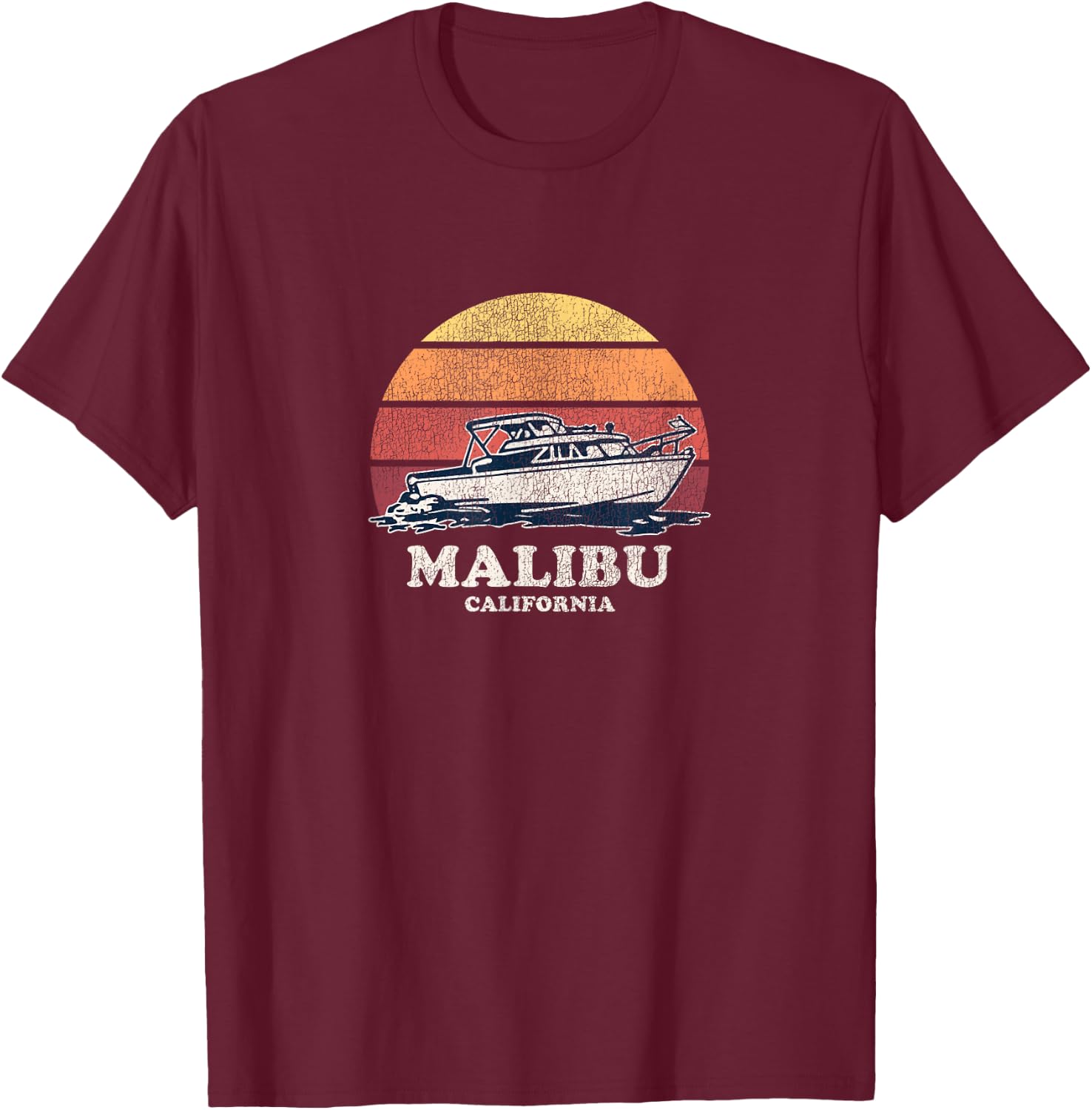 Malibu CA Vintage Boating 70s Retro Boat Design T-Shirt - T-Shirt | Maroon