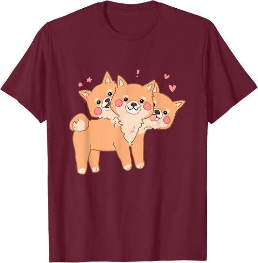 Kawaii Pastel Cute 3 Headed Dog T-Shirt - T-Shirt | Maroon