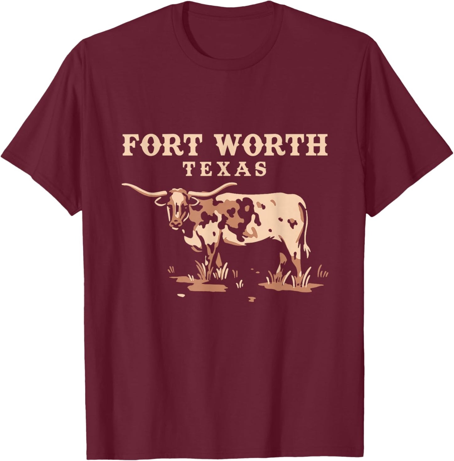 Vintage Bull Graphic Fort Worth Texas Souvenir T-Shirt - T-Shirt | Maroon