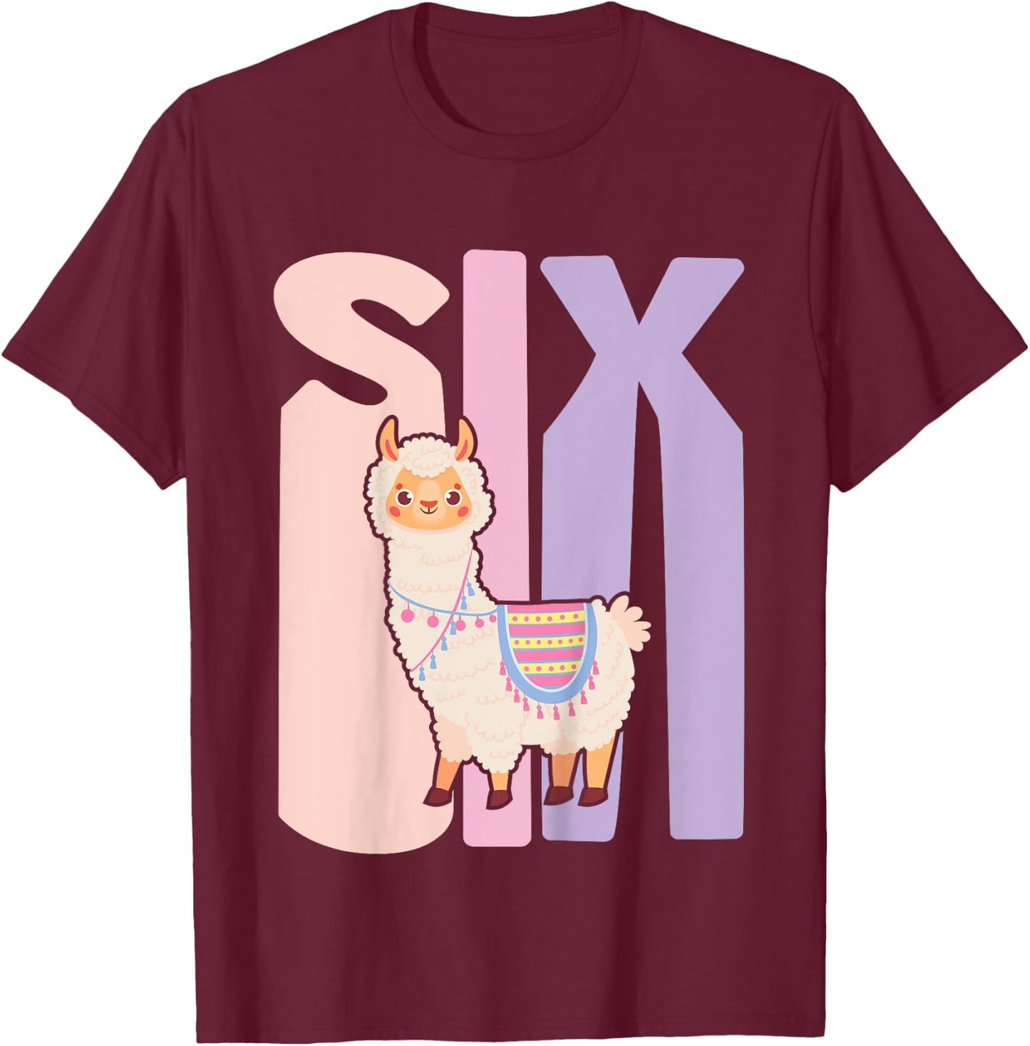 Kids 6 Year Old Cute Llama Alpaca Birthday Girl 6th B-day T-Shirt - T-Shirt | Maroon