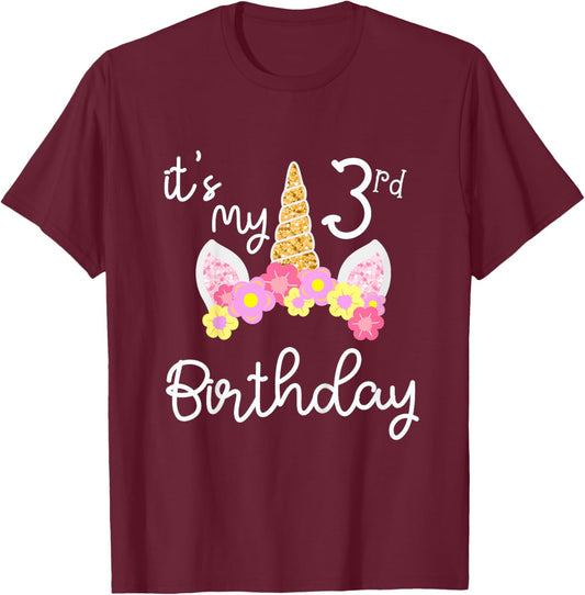 It's My 3 rd Birthday Three Year's Old Unicorn T-Shirt - T-Shirt | Maroon