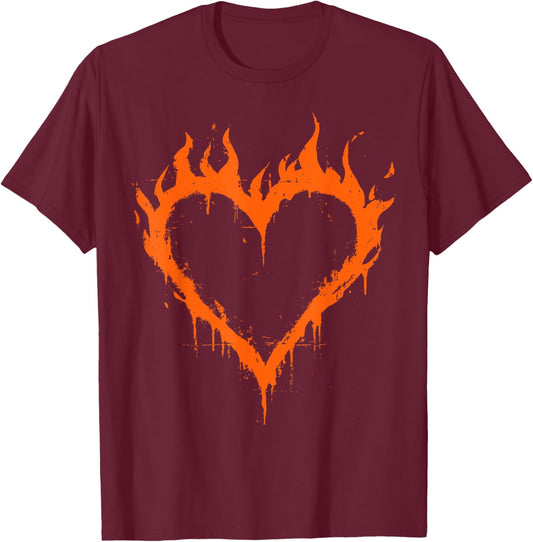 Burning Heart Y2K Grunge T-Shirt - T-Shirt | Maroon