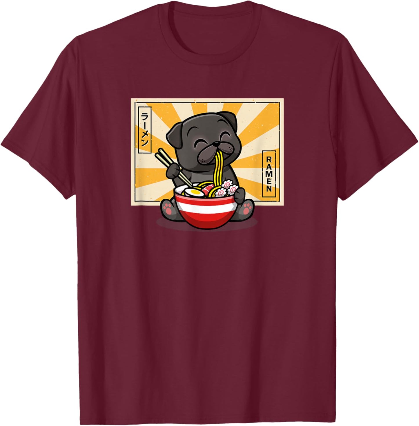 Funny Cartoon Japanese Kawaii Kids Ramen Black Pug Lover T-Shirt - T-Shirt | Maroon