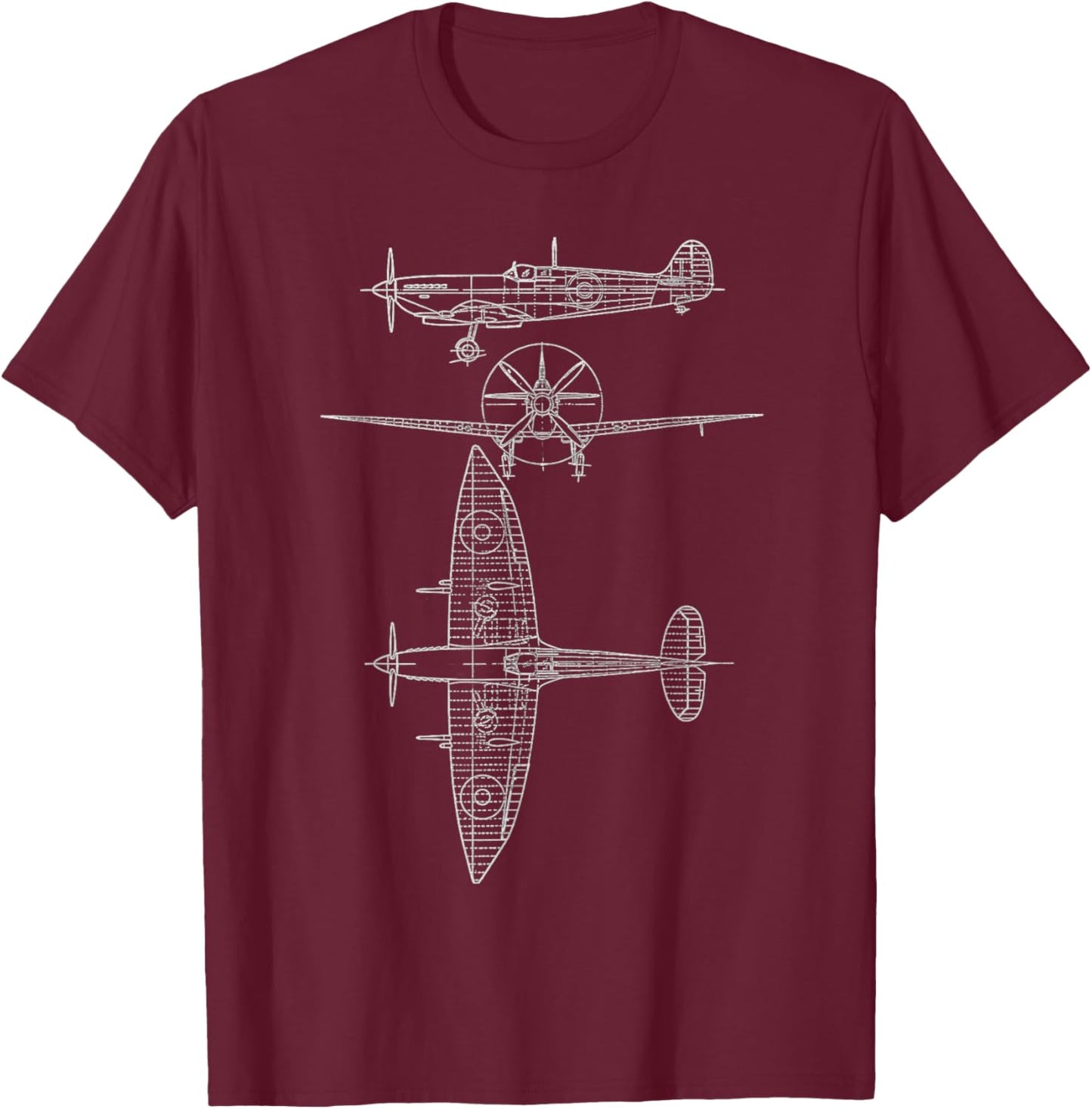 Spitfire Iconic British Airplane Blueprint Design T-Shirt - T-Shirt | Maroon