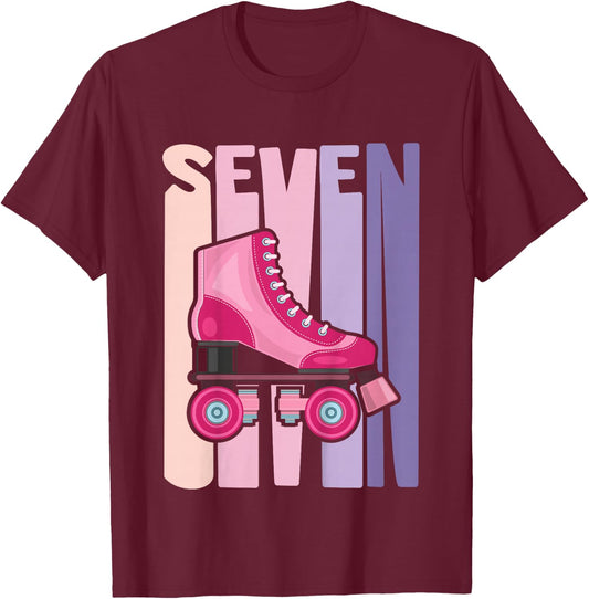 7 Year Old Cute Roller Skating Birthday Girl 7th B-Day T-Shirt - T-Shirt | Maroon