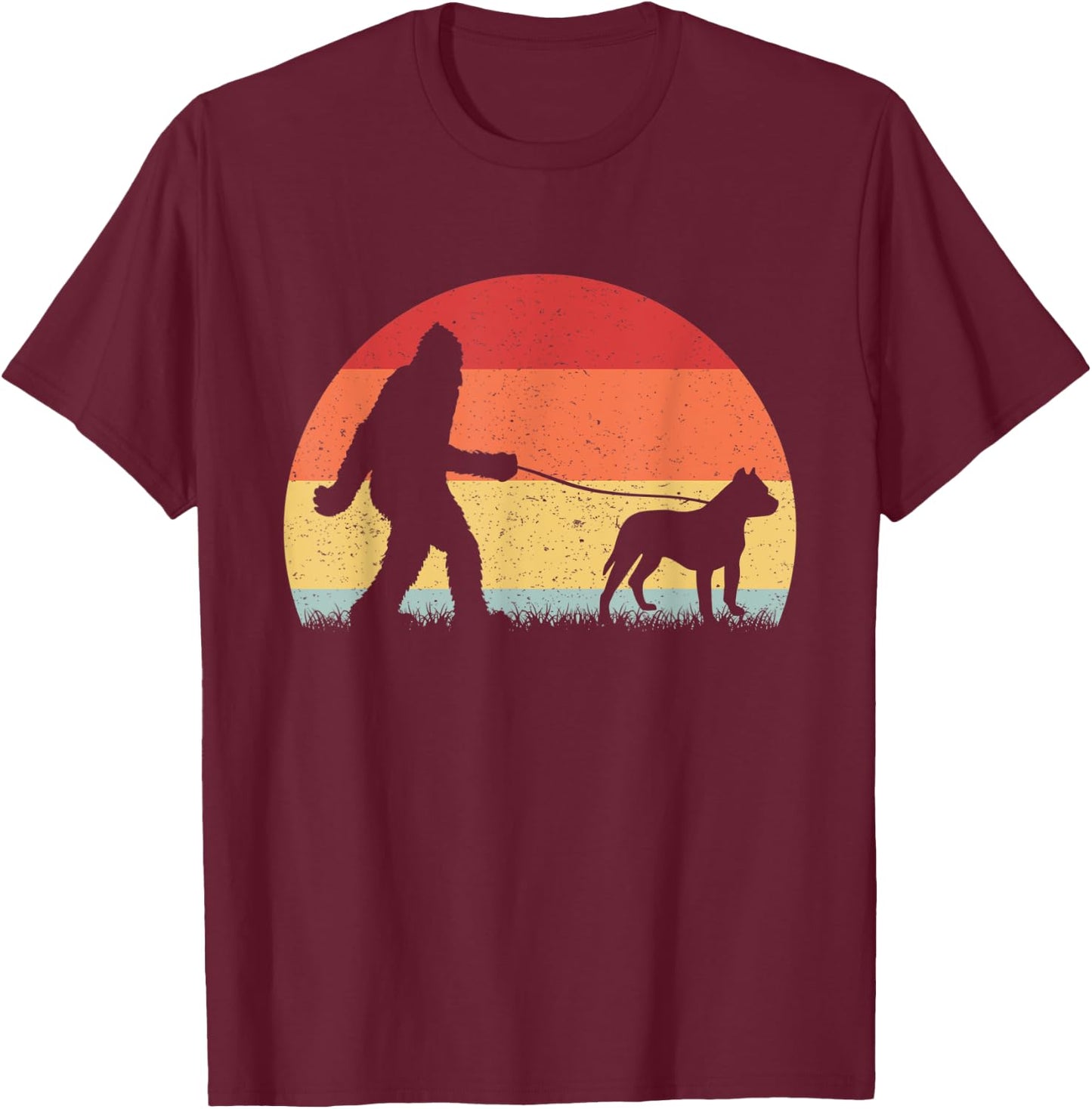 Vintage Bigfoot Walking Pit bull Dog Sasquatch Funny Gifts T-Shirt - T-Shirt | Maroon
