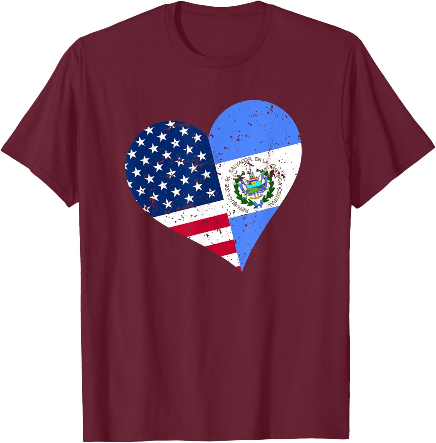 El Salvador USA Heart Distressed Salvadorian American Flag T-Shirt - T-Shirt | Maroon