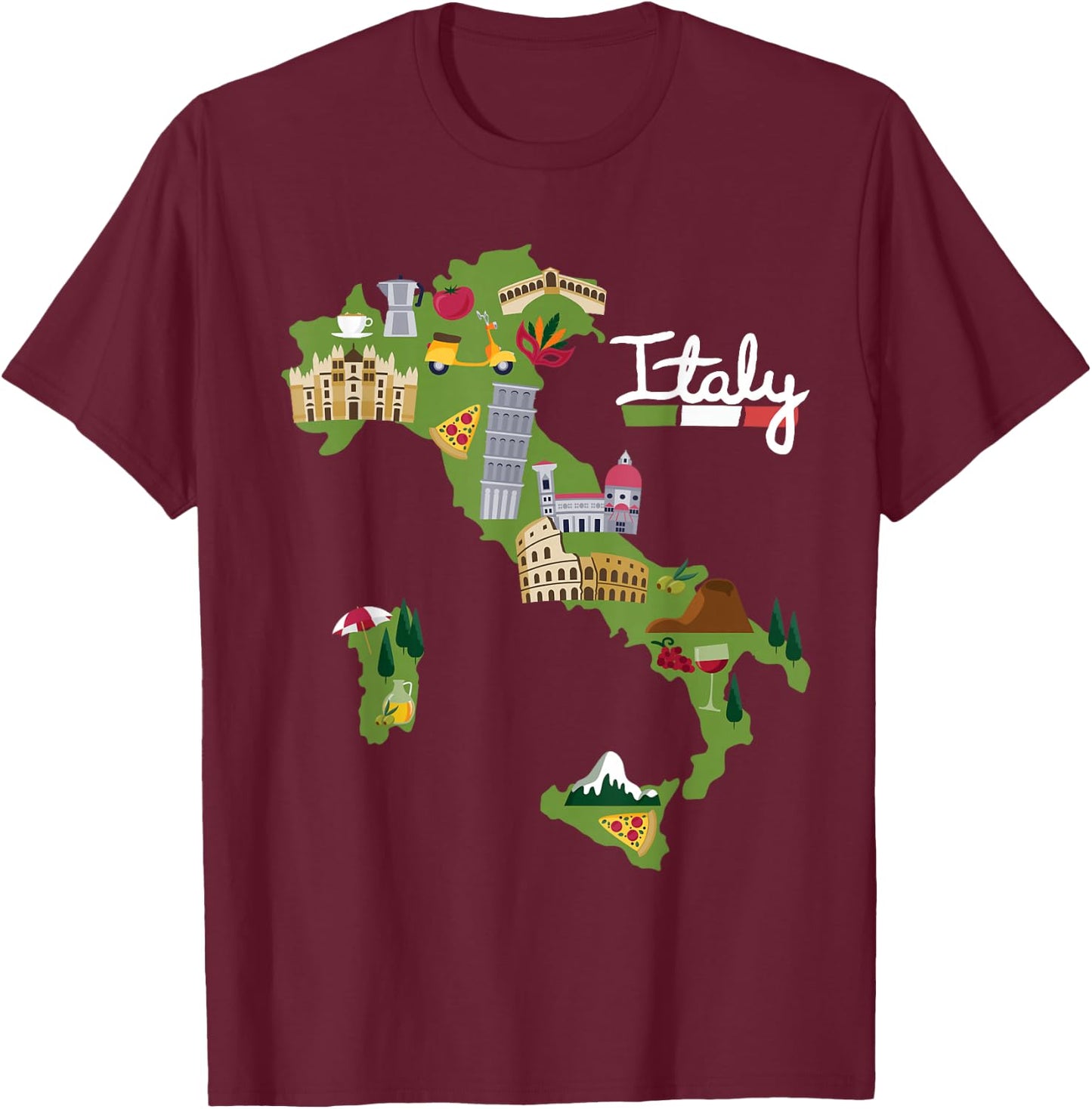 Italy Travel Map Flag Italia Pride Souvenir Vacation T-Shirt - T-Shirt | Maroon