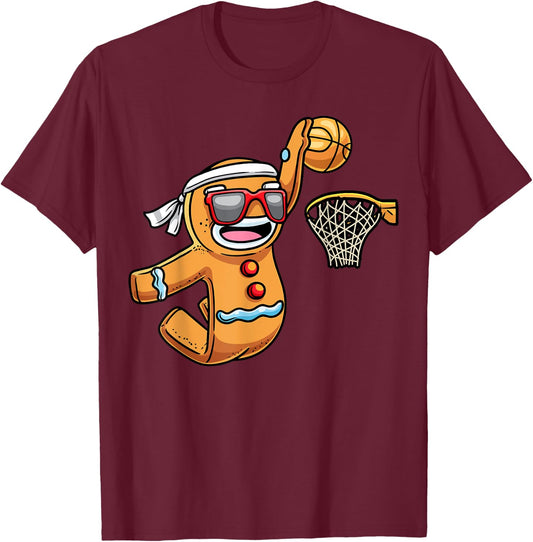 Gingerbread Man Playing Basketball Christmas Xmas Kids T-Shirt - T-Shirt | Maroon