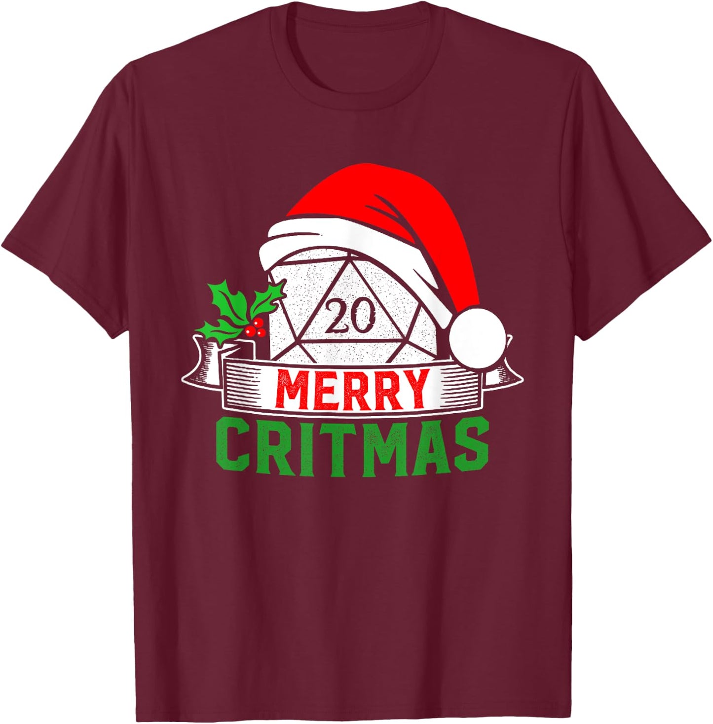 Merry Critmas Tabletop D20 RPG Gamer - Funny Christmas T-Shirt - T-Shirt | Maroon
