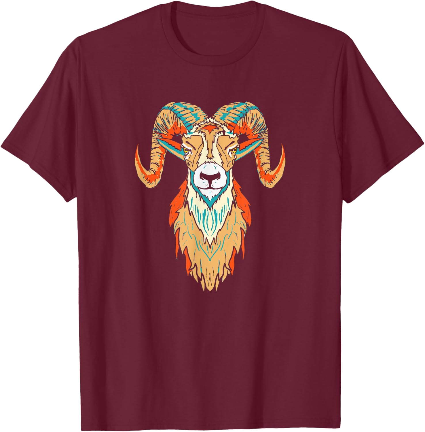 Artistic Big Horn Sheep Ram Head 80s Vibe Sketch Graphic T-Shirt - T-Shirt | Maroon