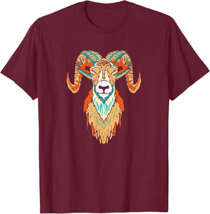 Artistic Big Horn Sheep Ram Head 80s Vibe Sketch Graphic T-Shirt - T-Shirt | Maroon