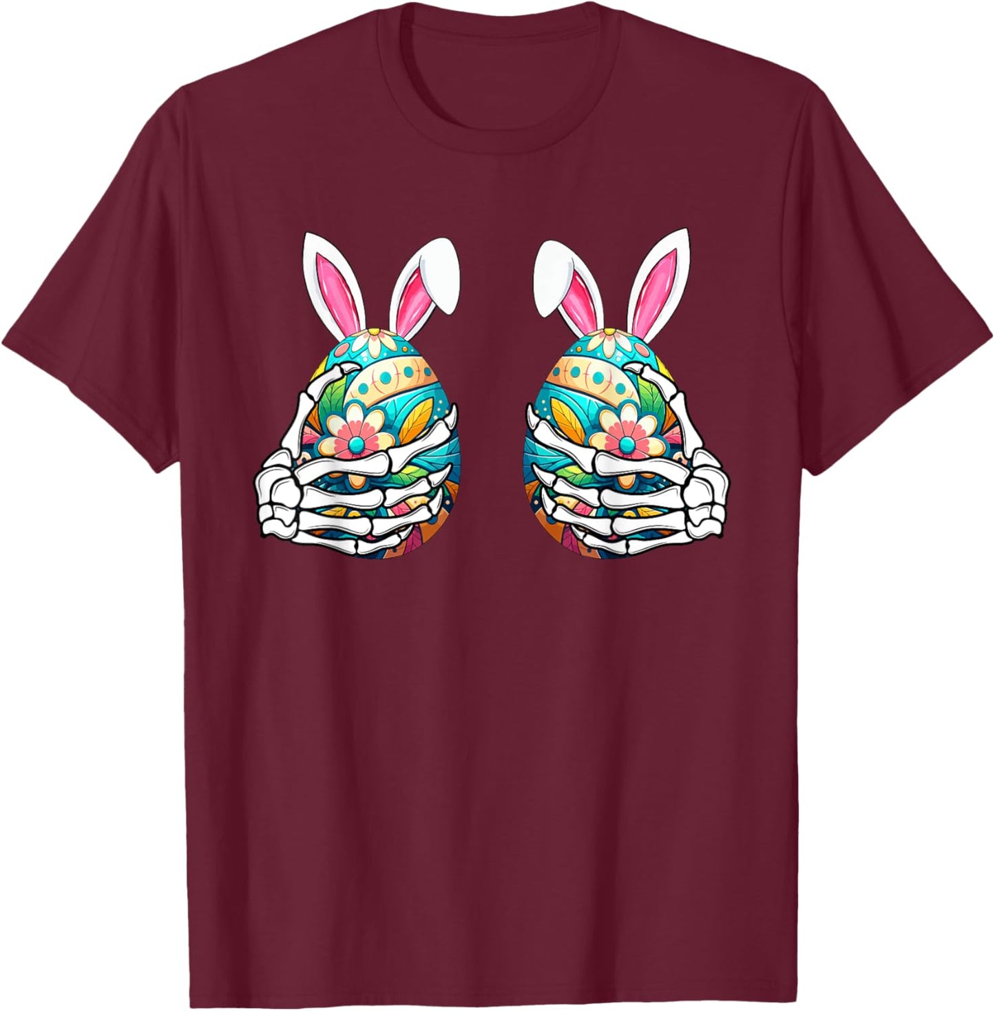 Two Skeleton Hands Holding Colourful Eggs Funny Easter Day T-Shirt - T-Shirt | Maroon