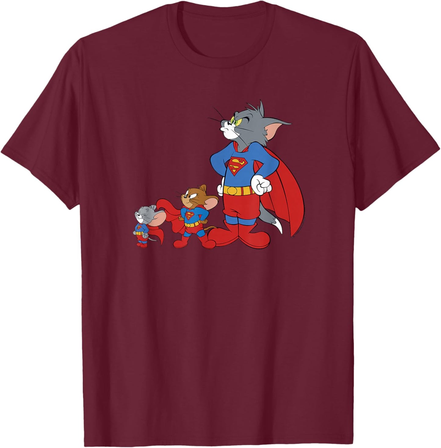 WB100 Tom and Jerry Cast with Superman Costume Group Shot T-Shirt - T-Shirt | Maroon