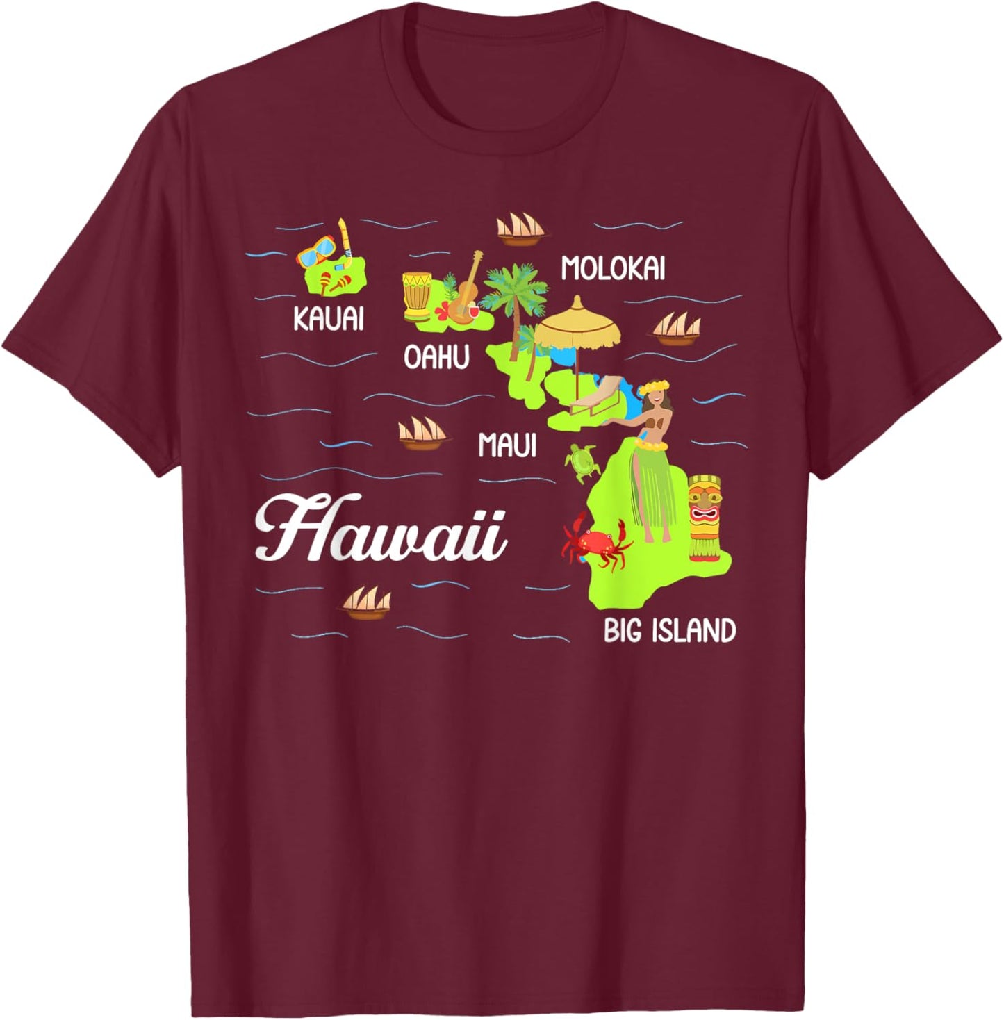 Hawaiian Islands Map Vacation Souvenir Hawaii Travel Lover T-Shirt - T-Shirt | Maroon