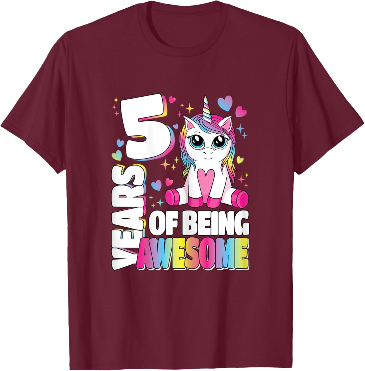 5 Years Of Being Awesome 5th Birthday Unicorn Girls Kids T-Shirt - T-Shirt | Maroon