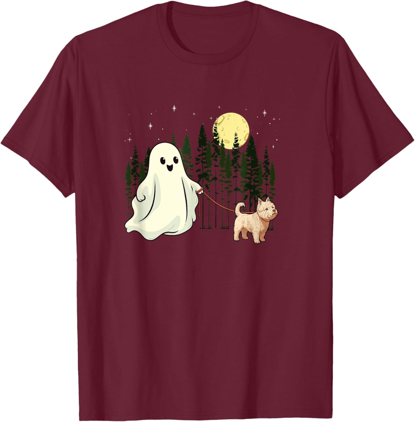 West Highland White Terrier Westie Walking Ghost Halloween T-Shirt - T-Shirt | Maroon