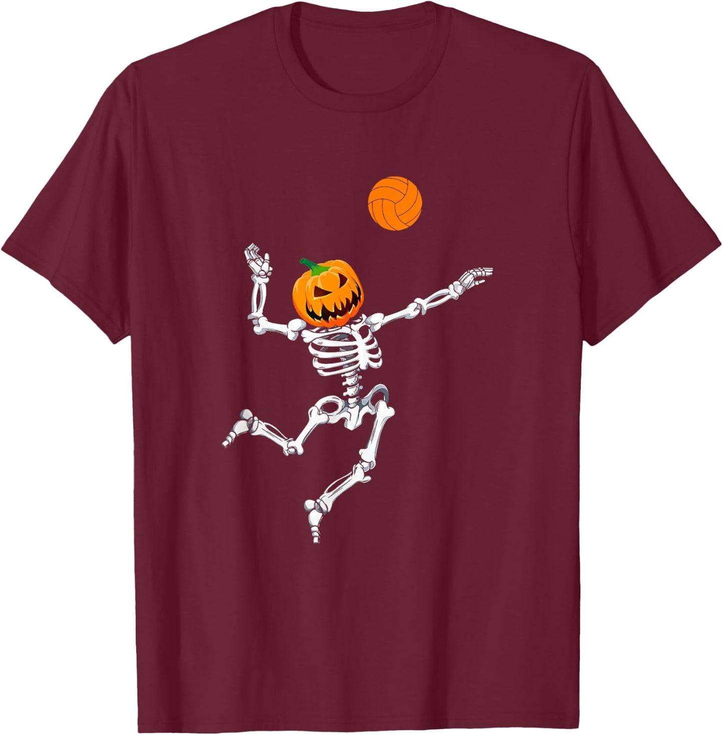 Skeleton Volleyball Halloween Pumpkin T-Shirt - T-Shirt | Maroon