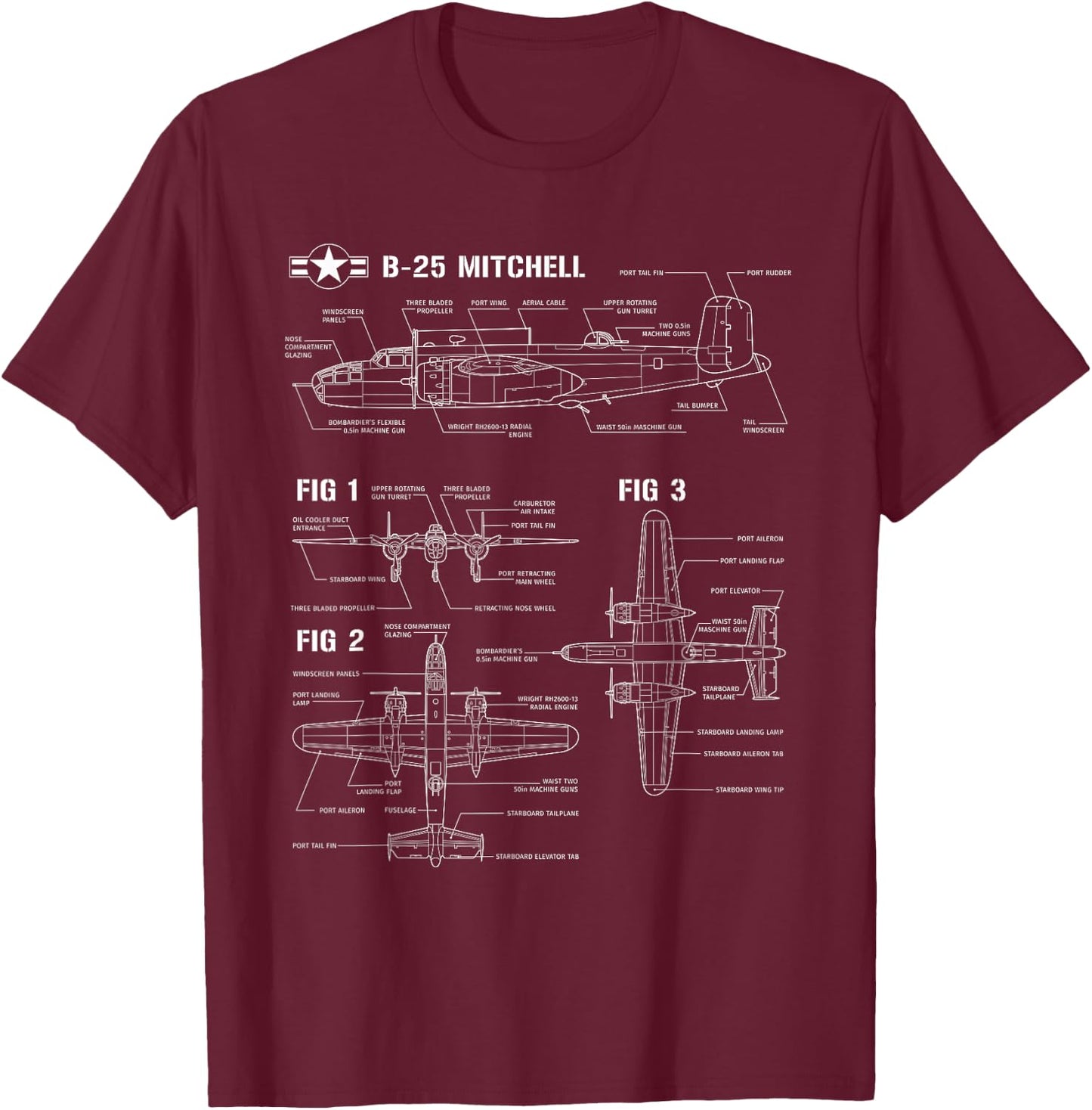 World War 2 American Aircraft B-25 Mitchell Bomber blueprint T-Shirt - T-Shirt | Maroon