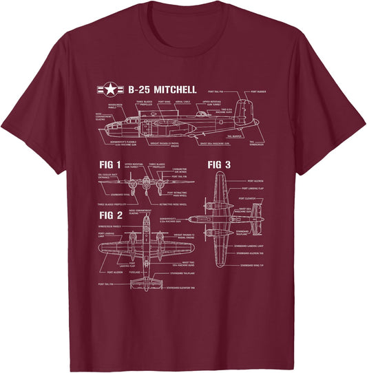 World War 2 American Aircraft B-25 Mitchell Bomber blueprint T-Shirt - T-Shirt | Maroon