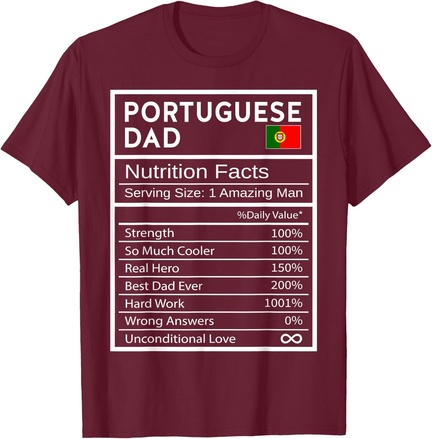 Portuguese Dad Nutrition Facts National Pride Gift Dad T-Shirt - T-Shirt | Maroon
