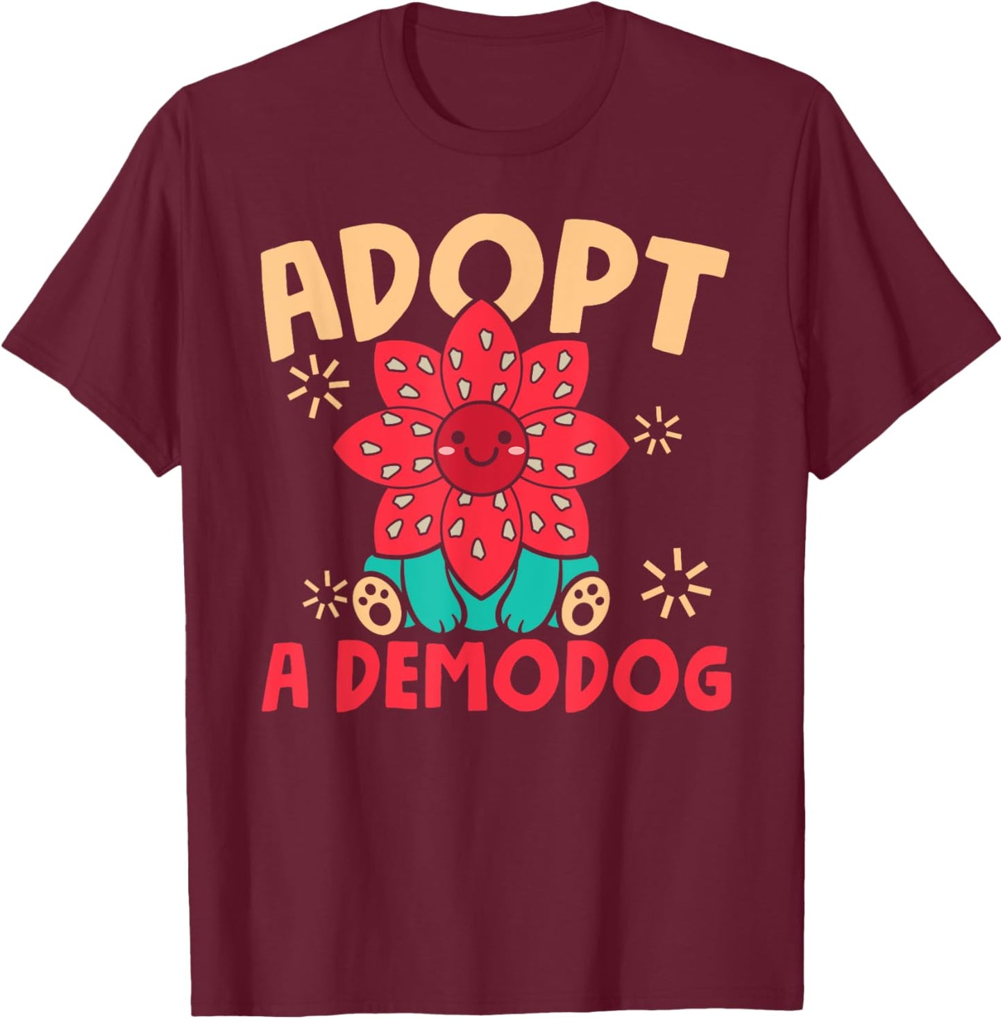 Dog Lover Funny Adopt A Demodog -Adults Black Modern Cartoon T-Shirt - T-Shirt | Maroon