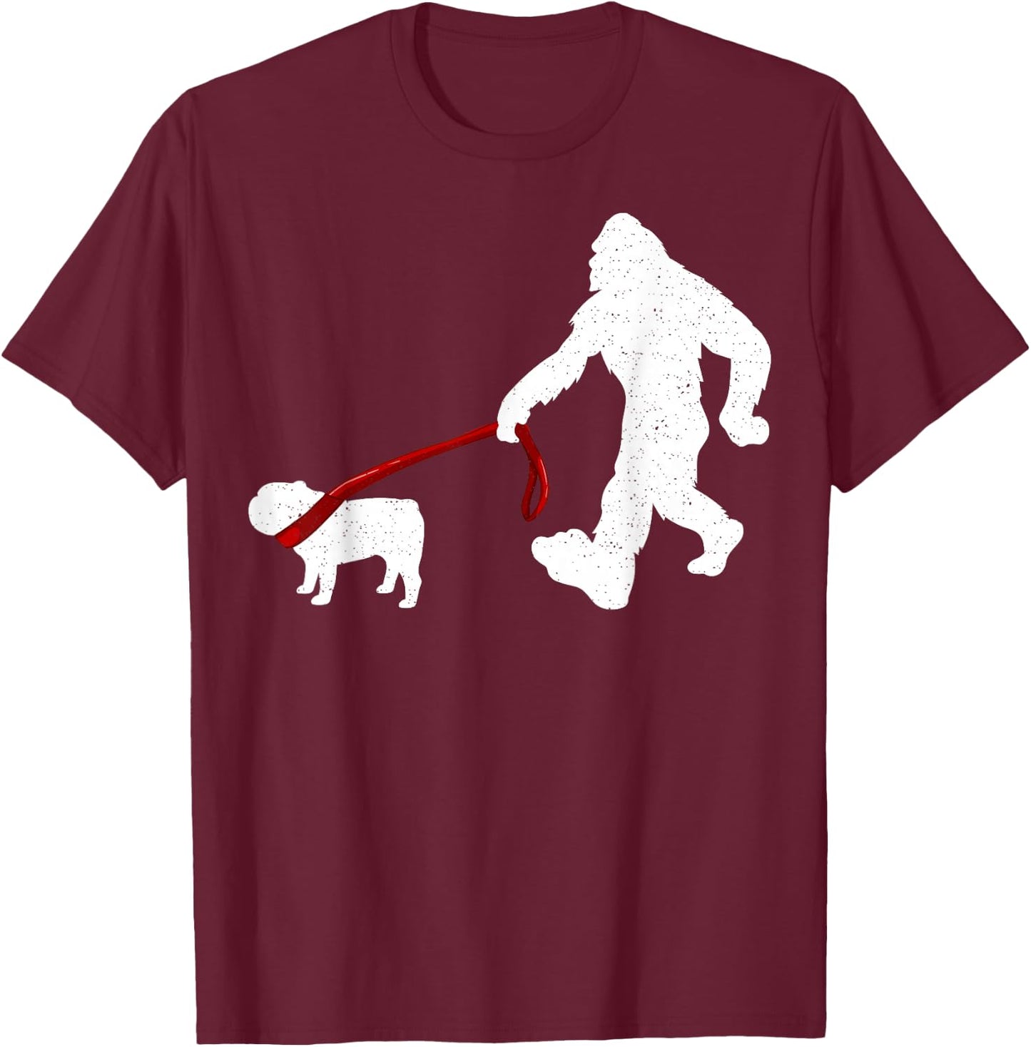 Funny Bigfoot Walking With Bulldog Dog Gifts T-Shirt - T-Shirt | Maroon