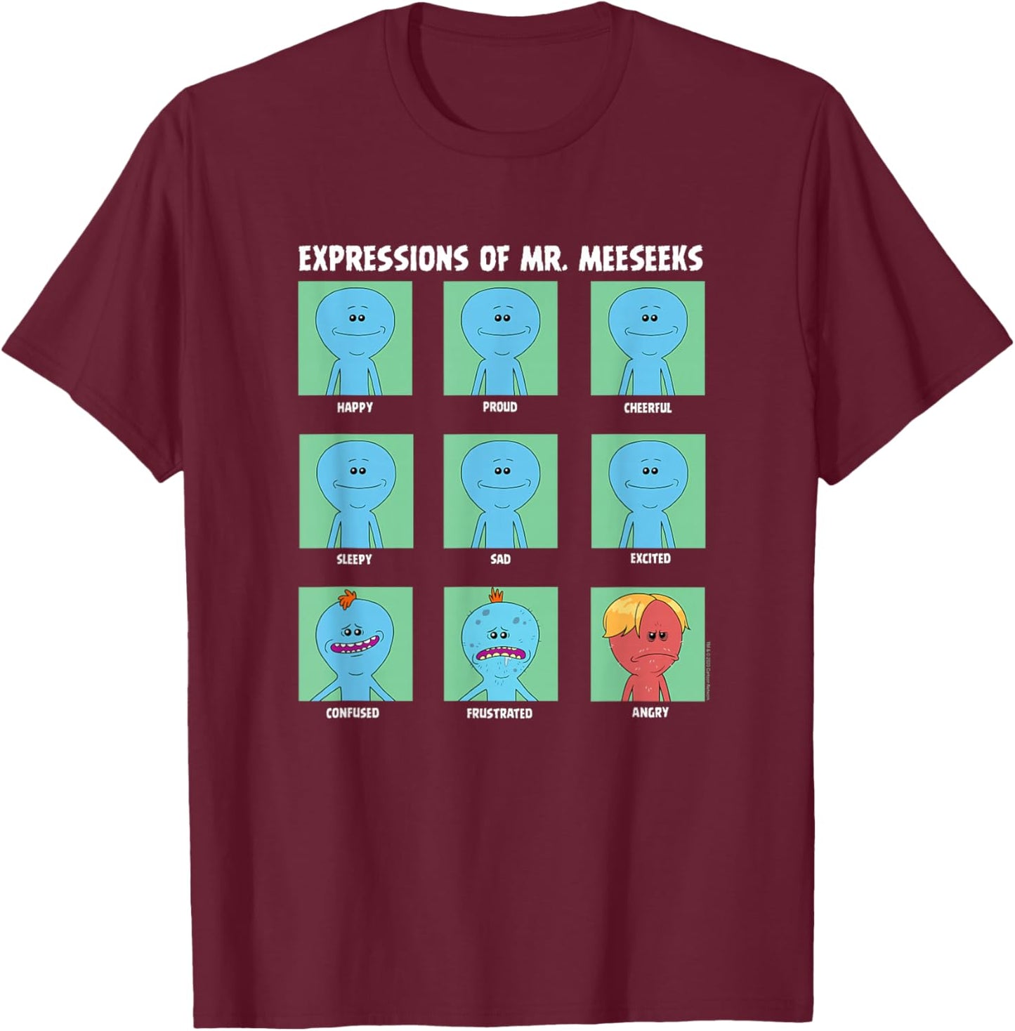 Rick and Morty Expressions of Mr. Meeseeks Small T-Shirt - T-Shirt | Maroon