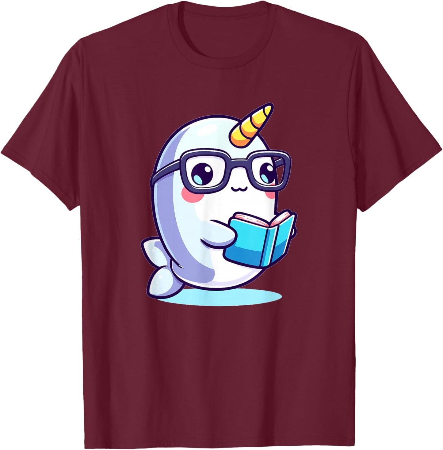 Adorable Book Lover Narwhal With Reading Glasses Cute T-Shirt - T-Shirt | Maroon