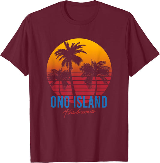 Vintage Ono Island Alabama Palm Trees Sunset Retro T-Shirt - T-Shirt | Maroon