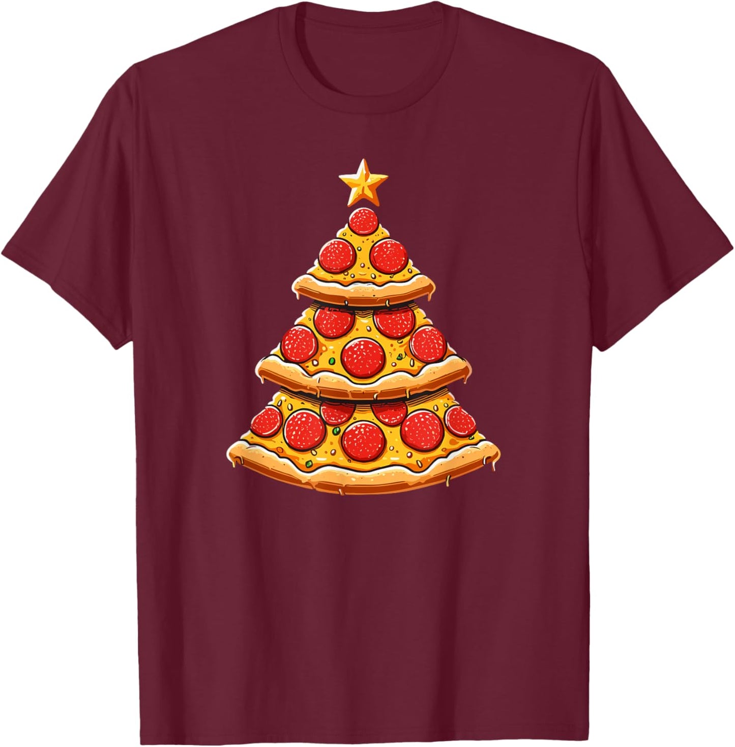 Christmas Tree Funny Pizza T-Shirt - T-Shirt | Maroon